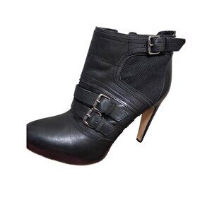 Sam Edelman Black Leather High Heel Ankle Boots With Buckle Straps & Side Zipper